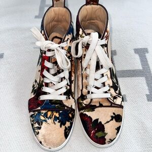 Auth Christian Louboutin Velvet Floral Print High Top Sneakers w/ box & dustbag